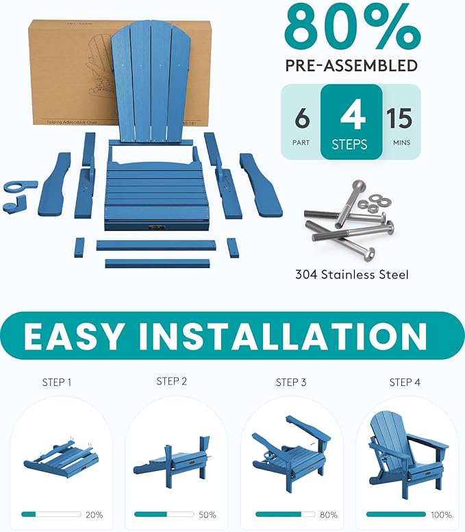 SERWALL Folding Adirondack Chair for Patio Garden Outdoors- Sapphire