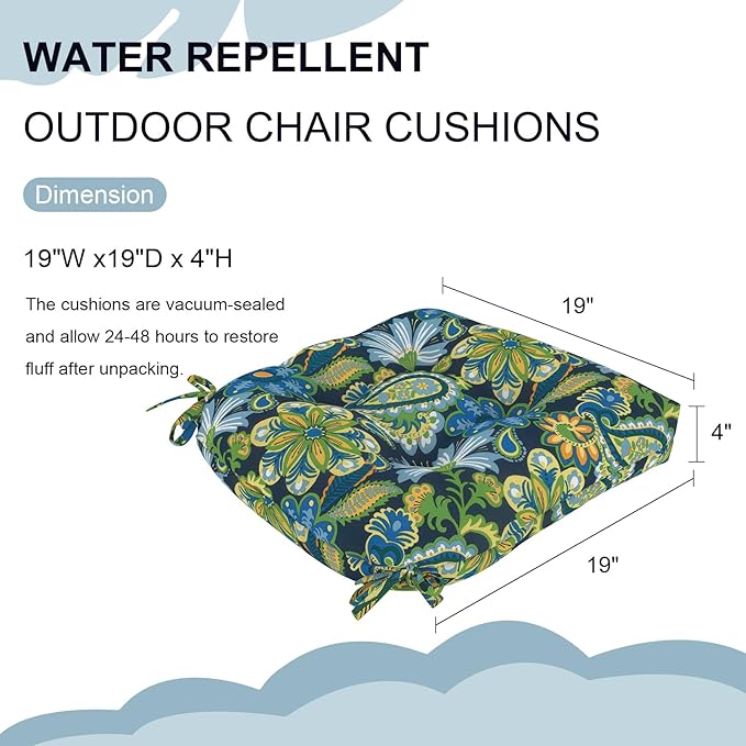 DYTXIII Set of 2 Outdoor Chair Cushions 19"x19"x4", Water Repellent Tufted Patio Seat Cushions with Ties, Thick Replacement Pads for Wicker Dining Chairs, Patio Furniture, Flower Child