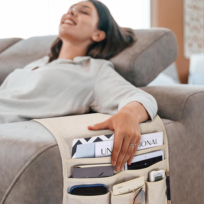 Teniux Remote Control Holder GRS Certified Armchair Caddy for Recliner Couch, Recycled Material Non-Slip Armrest Organizer with 5 Pockets for Magazine, Tablet, Phone, iPad (Beige)