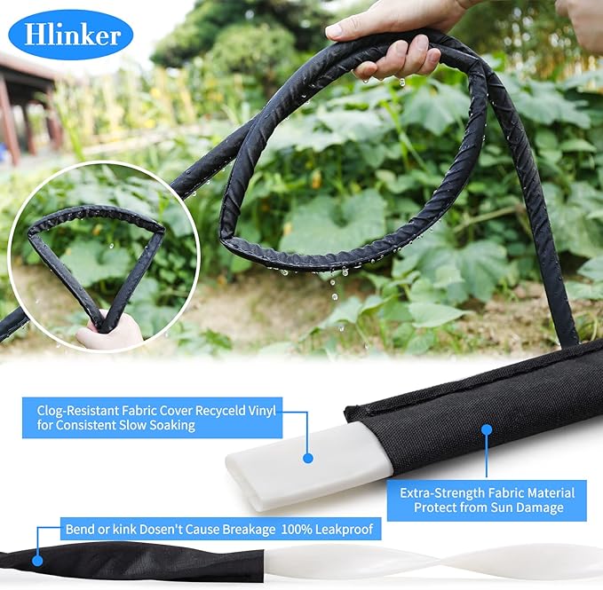 Hlinker Flat Soaker Hose 25 FT for Garden Beds, 25Ft 1/2" Linkable Consistent Drip Irrigation Hose Save 80% Water, Leakproof Heavy Duty Double Layer Sprinkler Hose