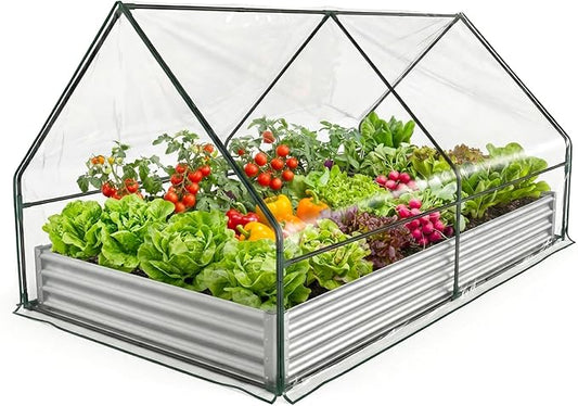 Raised Garden Bed with Cover, 6x3x1 Ft Raised Garden Beds Outdoor Galvanized Metal Planter Box with 2 Screen Windows, Mini Greenhouse for Vegetables and Flowers
