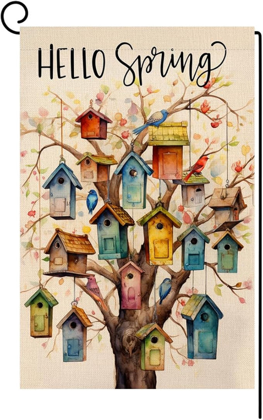 BLKWHT Spring Bird Garden Flag 12x18 Vertical Double Sided Floral Tree Farmhouse Holiday Outside Decorations Burlap Yard Flag BW578