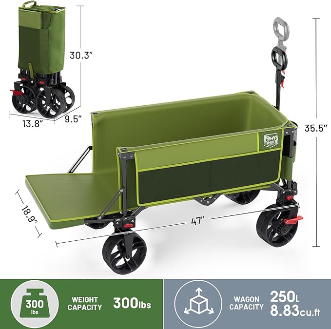 Timber Ridge 47" L Collapsible Wagon with Tailgate & Brake, 300 lbs Heavy Duty Beach Wagon with All-Terrain Big Wheels, 250L Foldable Utility Cart for Sand Camping Sports Shopping, Green