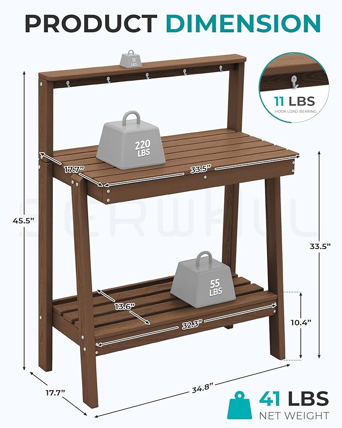 SERWALL Potting Bench Outdoor with Storage, 3-Tier HDPE Gardening Table with Angled Legs & Tool Hooks, All-Weather Heavy Duty Potting Table for Patio, Backyard, Garden, Brown