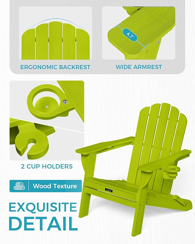 AEesdom Adirondack Chairs Set of 2, HDPE Material Fire Pit Chairs, Plastic Adirondack Chairs with 2 Cup Holder, Outdoor Lawn Chair for Patio Garden, LemonGreen