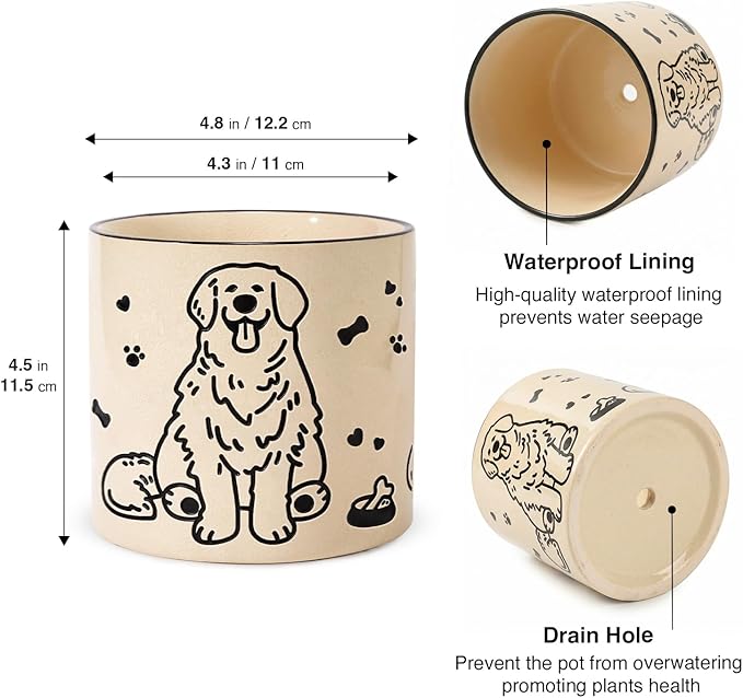 STHIE Ceramic Plant Pots with Drainage Holes, 5 inch Round Flower Pots for Indoor Plant, Cute Flower Planters for Snake Plant, Hand-Painted Garden Pots (Sitting Dog)