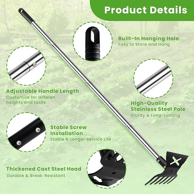 2-in-1 Garden Hoe & Weed Puller Tool with Long Handle, 57" Garden Weeders and Cultivators, Heavy Duty Manual Weed Remover Tool with 6-Tine Weeding Rake for Weeds Grass in Lawn, Garden, Yard, Patio