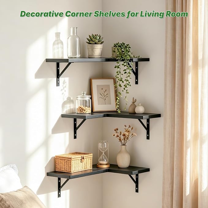 NATURE'S SOURCE Corner Floating Shelves Wall Mounted, Black, Set of 3
