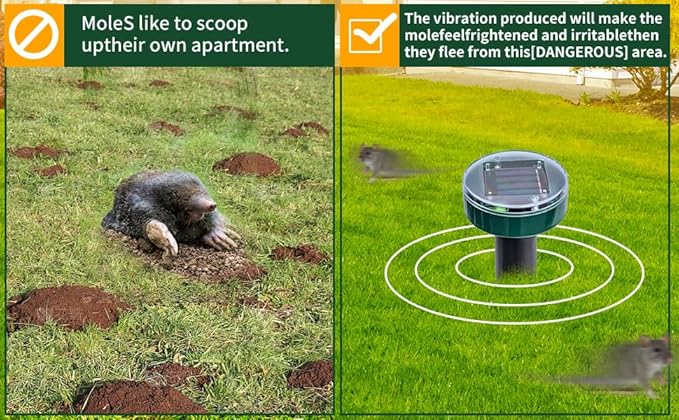 8 new Green Mole Repellent for lawns Gopher Repellent Ultrasonic Solar Powered Snake Repellent Deterrent Mole Repeller Vole Repellent Outdoor Lawns Garden Yard All Pests Sonic Spikes Stakes Chaser8