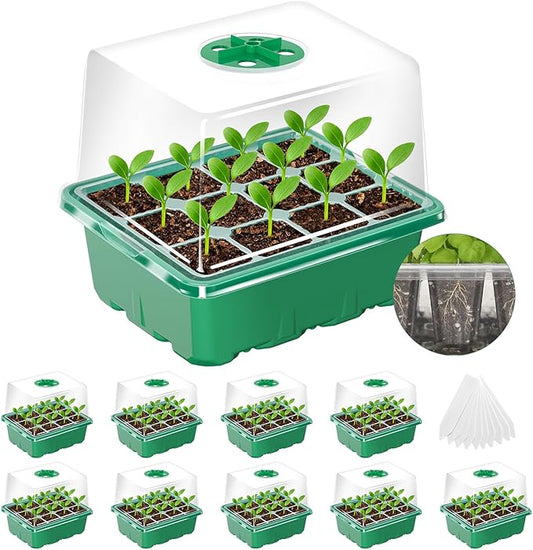 MIXC Seed Starter Tray with Elevated Lid, 120 Cells Seed Starter Kit with Adjustable Humidity Dome, Drainage Hole, Clear Heightened Lids for Indoor Outdoor Greenhouse Gardens, 10 Pack, Green