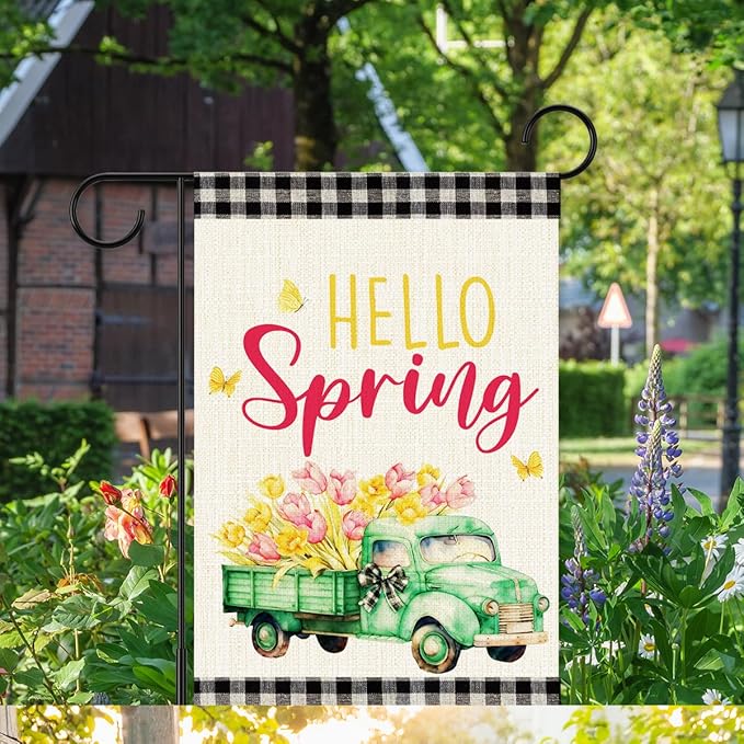 Hello Spring Flags for Outside,Buffalo Plaid Floral Truck Garden Flag for Yard Patio Lawn Decoration,12x18 Inch Double Sided