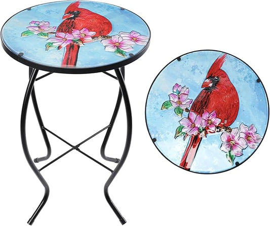 MUMTOP Side Patio Tables-Mosaic Outdoor Side Table - 14’’ Cardinal Glass Accent Round EndTable, Plant Stand Indoor Small CoffeeTable for Garden or Living Room Decor
