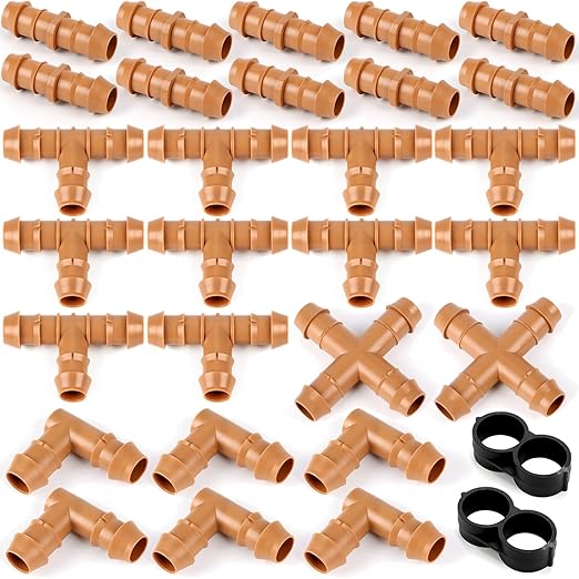 RedChili Drip Irrigation Fittings Kit (17mm) for 1/2" Tubing (.600" ID), 10 Couplings, 10 Tees, 6 Elbows, 2 Cross and 2 Tubing End Closure - Barded Connectors for Drip Sprinkler Systems(30 Pieces Set)