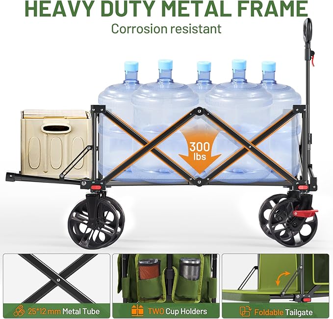 Timber Ridge 47" L Collapsible Wagon with Tailgate & Brake, 300 lbs Heavy Duty Beach Wagon with All-Terrain Big Wheels, 250L Foldable Utility Cart for Sand Camping Sports Shopping, Green