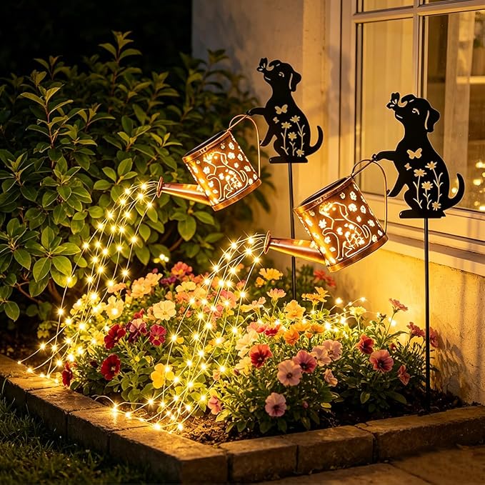 Outdoor Solar Dog Garden Decorative, 2 Pcs Solar Watering Can with Light, Featuring Metal Dog Statue Silhouette Stake, Day Gift for Women, for Outside Landscapes,Lawn, Garden Path Decoration