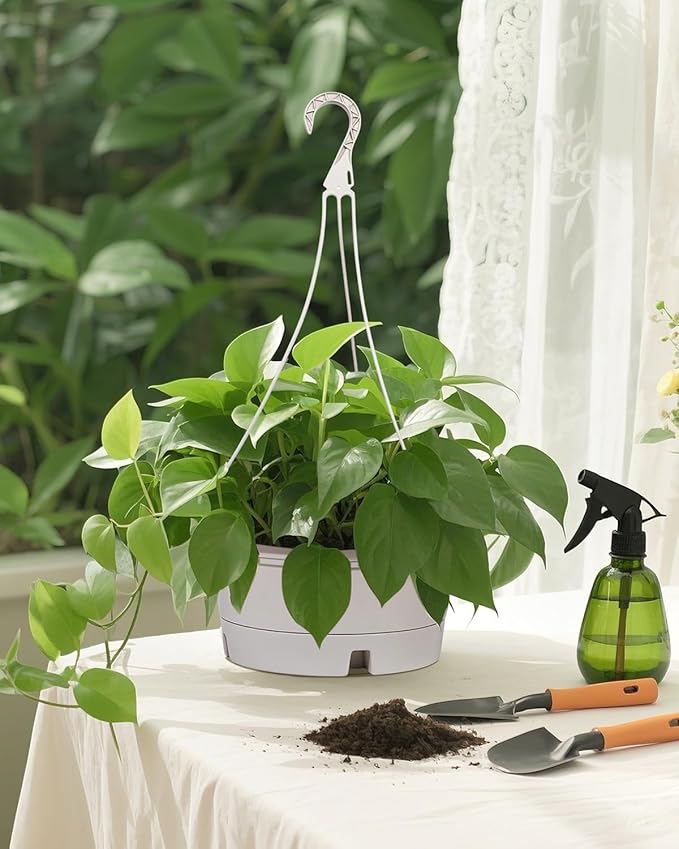 VIDELLY 12 Inch Large Hanging Planters for Indoor Plants,2 Pack Plastic Hanging Basket Pots with Drainage Trays & Chain Holders for Outdoor Indoor Plants Garden Balcony Decoration (Beige White)
