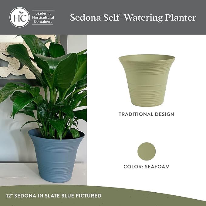 The HC Companies Sedona Round Self-Watering Pot - Lightweight Self Care Planter - Plastic Planter for Herbs & More - Durable Plant Pots for Indoor Plants & Outdoor Plants (16" Seafoam, Pack of 1)