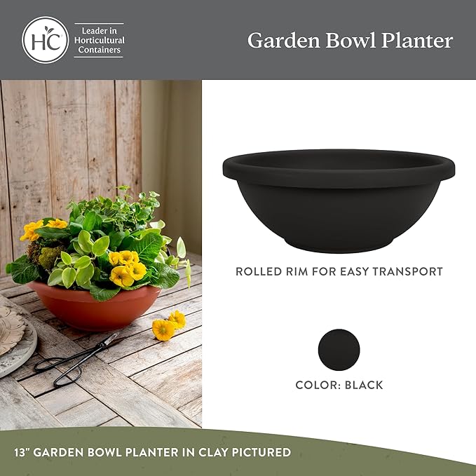 The HC Companies 15.5 Inch Shallow Garden Bowl Plant Pot with Drainage, Lightweight UV-Resistant Plastic Planters for Succulents, Herbs & More, 2-Pack Planters for Indoor Outdoor Home Decor, Black