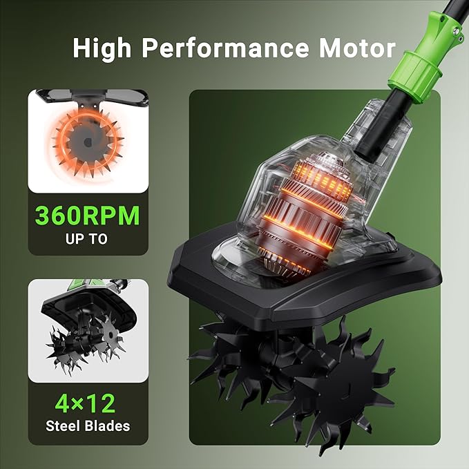 20V Cordless Tiller for Gardening, Electric Garden Tiller with 2 * 2.0Ah Batteries, 9" Width, 6.6" Depth, Lightweight 360RPM, 48 Steel Tines Mini Rototiller for Weeding, Gardening & Soil Cultivation