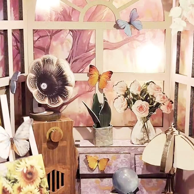 Green House Book Nook Kit - DIY Miniature Flower Room 3D Wooden Puzzle, Booknook Bookshelf Decor for Adults Teens, Creative Craft Kits Gift for Family Friends
