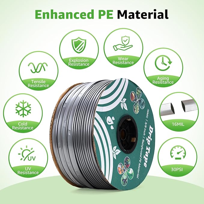 2000FT 5/8" Drip Tape Irrigation, 16 Mil Heavy Duty with 6" Emitter Spacing, Silver Reflective Drip Tape Resistant to Pecking & Biting, Heat-Safe for Seedlings, Ideal for Garden Farm Greenhouse Patio