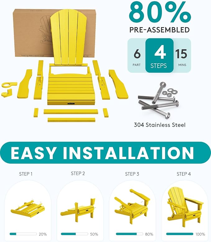 SERWALL Foldable Adirondack Chair Set of 2, Weather Resistant Patio Chair with Cup Holder for Garden Outdoors Fire Pit-Lemon