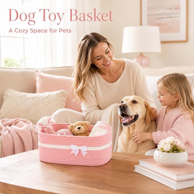 OIAHOMY Large Woven Storage Basket with Handles for Nursery Living Room Shelves, Bow Basket for Gifts Empty with Gift Bags and Ribbons for Baby Showers Pet Toy Bin - Pink, 25L