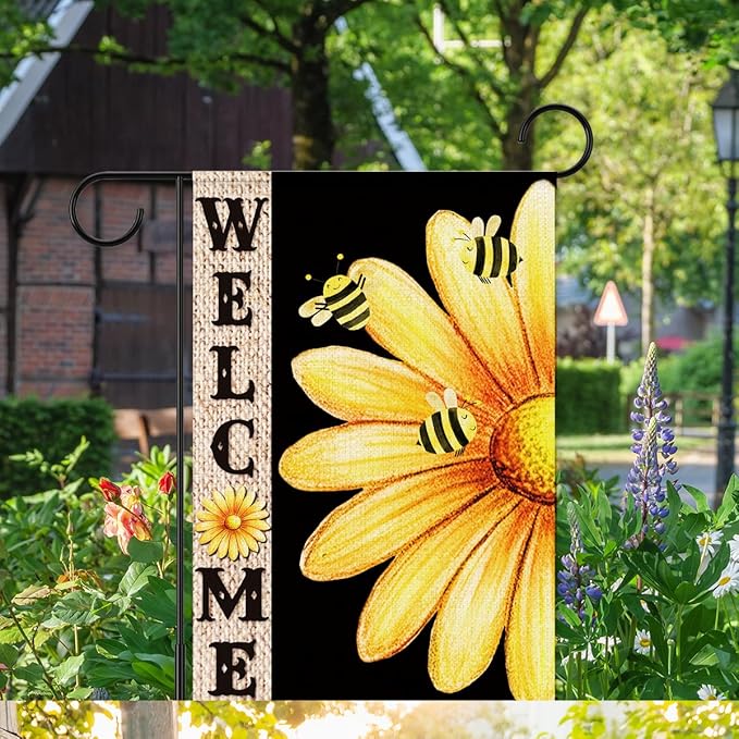 Welcome Flags for Outside,Bee Daisy Summer Garden Flag for Yard Patio Lawn Decoration,12x18 Inch Double Sided