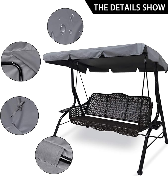 Swing Chair Canopy Replacement, 2 Seater Garden Seat Cover, Waterproof Windproof Anti-UV Heavy Duty Rip Proof Hammock Top Outdoor Furniture Covers (Grey, Small), Gray