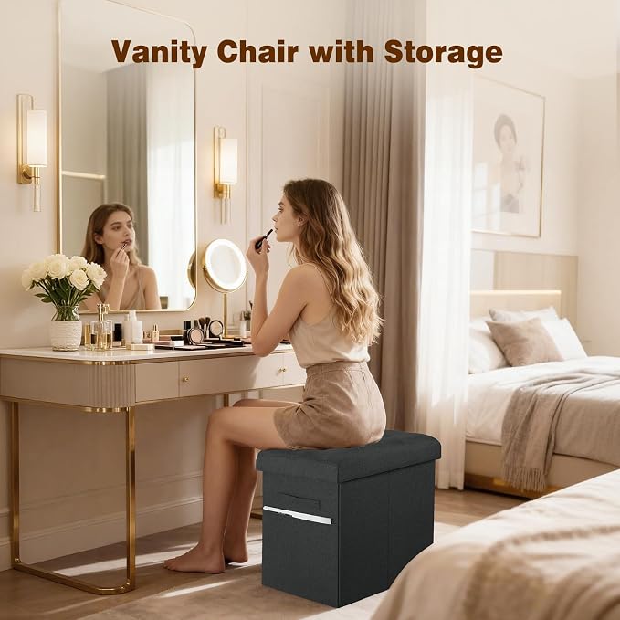 Storage Ottoman, 17" High Ottoman with Thicker Foam Padded Seat Grey Black | Small Folding Ottoman with Storage for Dorm Living Room Bedroom, Foot Rest Stool with Side Pocket & Handles, 17x13x13in