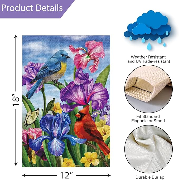 Louise Maelys Welcome Spring Summer Garden Flag 12x18 Double Sided Vertical, Burlap Small Cardinal Birds Irises Floral Yard House Outside Outdoor Seasonal Holiday Decoration