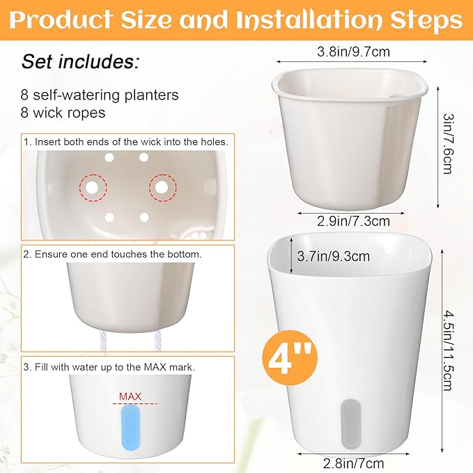 8 Sets Self Watering Pots for Indoor Plants, 4 Inch White Small Self Watering Planters Plastic Garden Pots with Water Level Indicator & Vents for All House Plants, Flowers, Succulents