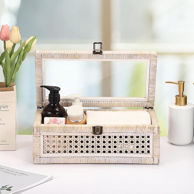 Hipiwe Rattan Display Box with Clear Lid Decorative Storage Basket, Medium | Shelf Organizer Basket Bins with Glass Top Lid for Home Decor, Ideal for Dresser, Kitchen and Bathroom, 12.6" x 6.7" x 4.4"