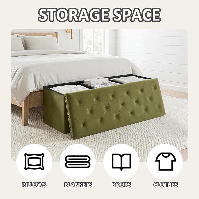 PINPLUS Folding Storage Ottoman Bench, Olive Green Velvet