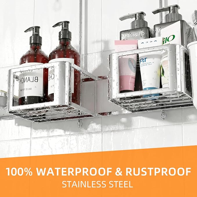 Shower Caddy Haging for Handheld Showerhead, Over Head Shower Caddy,Silver | Rustproof,Soap Dish,Hooks,Toothbrush Holder, Anti-Swing Adhesive Strip &Suction Cup, Holds Razor,Sponge,Soap,Toothbrush