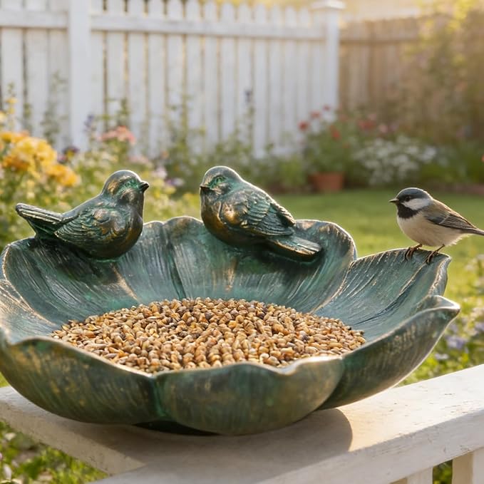Bronze Bird Baths for Outdoor Decorative Bird Water Feeder Birdbath Bowl Brass Bird Figurines Tray Birdfeeder Garden Decor Patio Balcony Porch Yard Decorations Gift for Mom Grandma