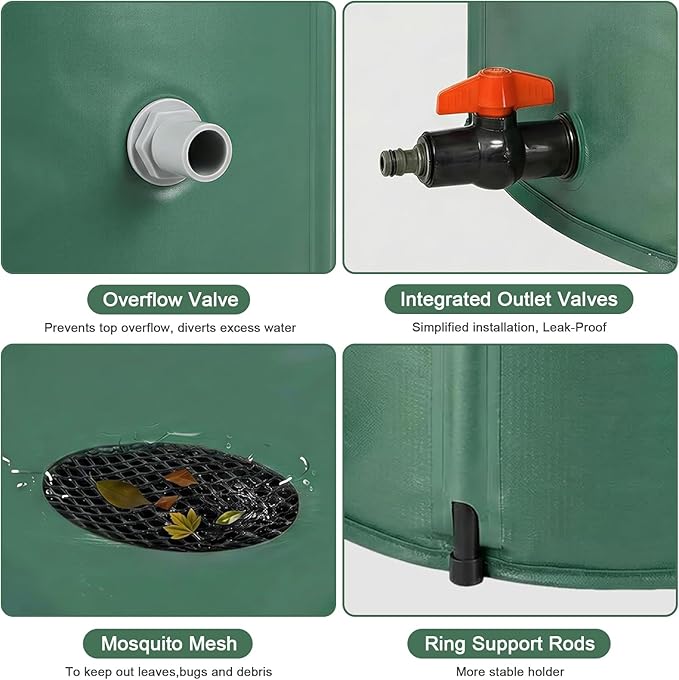 100 Gallon Collapsible Rain Barrel, Foldable Water Storage Tank, Support Rods, Drain Valve & Faucet, Portable Rainwater Collection System for Garden Irrigation and Outdoor Use