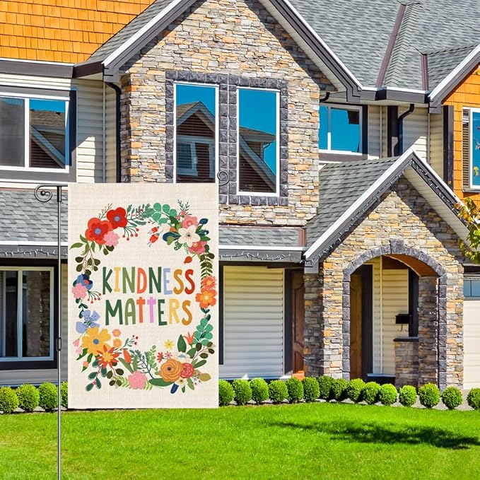 Perfectinsoy Kindness Matters Floral Garden Flag, Flower Yard Banner, Community Progress Welcome Yard Home Holiday Farmhouse Porch Patio Lawn Backyard Outdoors Decor, Equality Inclusion Home Flag