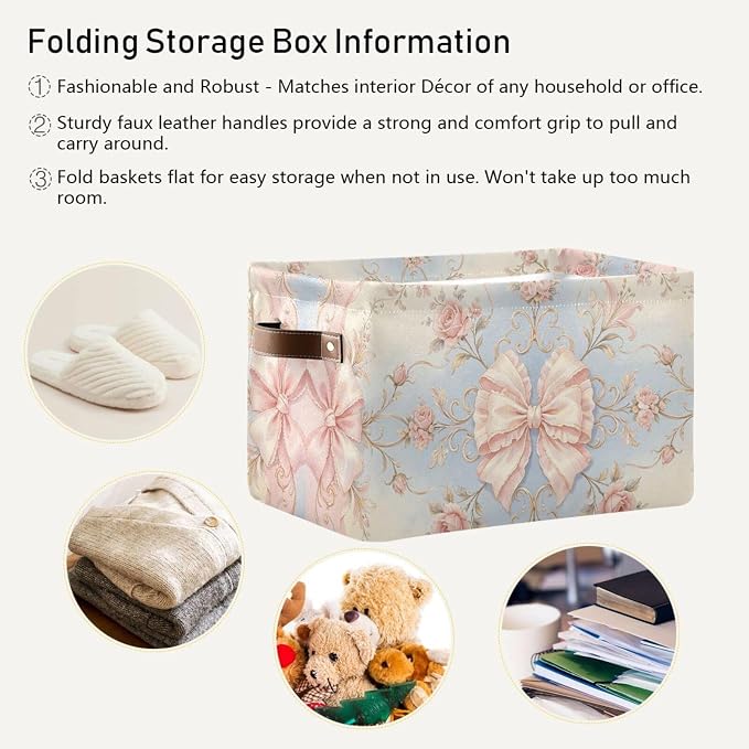 Vintage Rococo Pink Bow Ribbon Canvas Storage Basket Fabric Storage Bin Collapsible Canvas Basket Organizers and Storage Containers for Bedroom Nursery Toys Clothes
