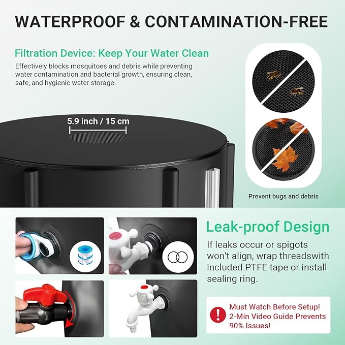 SKM 53 Gallon Collapsible Rain Barrel, PVC Rainwater Collection System Water Tank Storage, Portable Rain Water Collection Barrel for Outside/Lawn/Garden, Container with Overflow Kit & Spigot, Black
