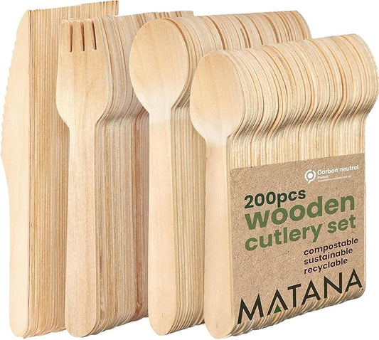 MATANA 200 Pack 100% Natural Disposable Wooden Cutlery Set (50 Forks, 50 Knives, 50 Spoons, 50 Dessert Spoons) Recyclable Compostable Silverware, Biodegradable Bamboo Utensils for Garden Parties