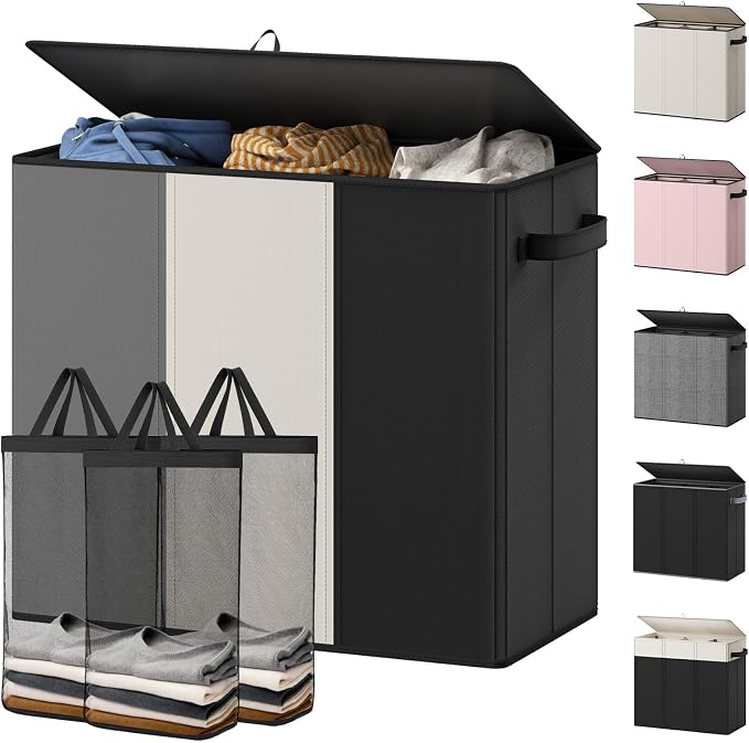 Optish 180L Laundry Hamper 3 Section, Large Hamper with Mesh Bags & Lid | Detachable 3 Inner Bags, Extra Large Laundry Basket Organizer for lots of Clothes, Pants, Bedroom, Bathroom, Load 50 lbs