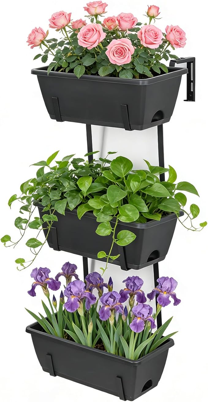 OYEAL Railing Planter Box 3-Tier Vertical Hanging Planters Outdoor with Adjustable Brackets & Drainage Tray Window Boxes Planters for Indoor Outdoor Garden, Patio, Home, Balcony Decor Gray