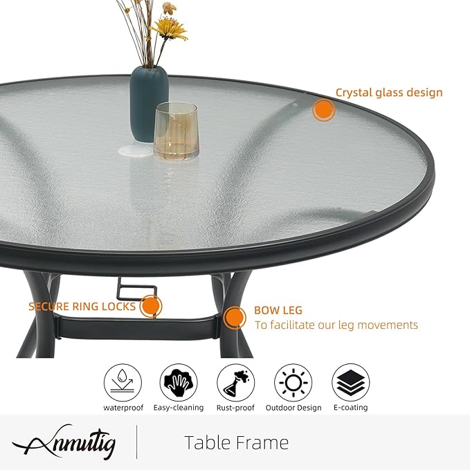 Anmutig 40 inch Outdoor Round Glass Patio Dining Table for 4 Person with Umbrella Hole - Black Frame