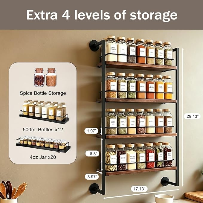 4 Tier Spice Rack Wall Mounted for Kitchen, Large Capacity Organizer
