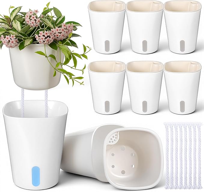 8 Sets Self Watering Pots for Indoor Plants, 4 Inch White Small Self Watering Planters Plastic Garden Pots with Water Level Indicator & Vents for All House Plants, Flowers, Succulents
