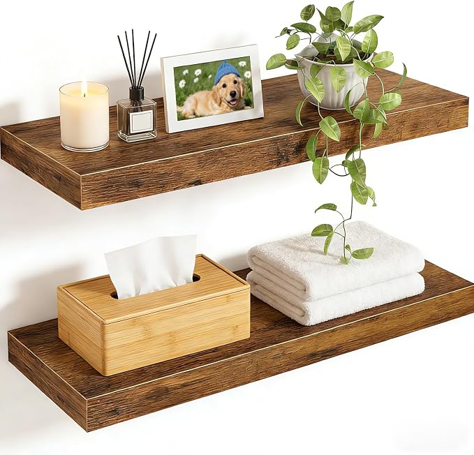Solid Wood Floating Shelves Set of 2 - Waterproof Scratch Resistant Wall Mounted Shelves, Country Style Brown (15.75 in W × 9.25 in D × 1.57 in H) for Bedroom Bathroom Kitchen Living Room