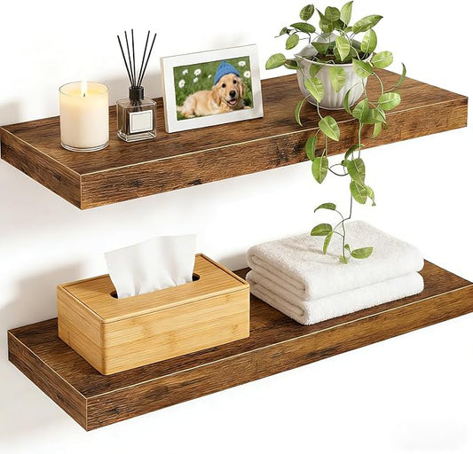 Solid Wood Floating Shelves Set of 2 - Waterproof Scratch Resistant Wall Mounted Shelves, Country Style Brown (15.75 in W × 9.25 in D × 1.57 in H) for Bedroom Bathroom Kitchen Living Room