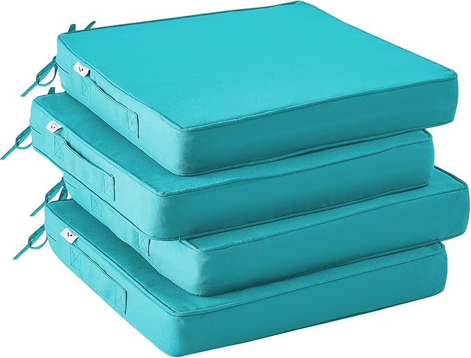 IPYNBAP Outdoor Chair Cushions Set of 4,Waterproof Outdoor Seat Cushions for Patio Furniture,Patio Chair Cushion with Handle and Ties, Square Out Door Chair Pads,19" x 19" x 3", Teal