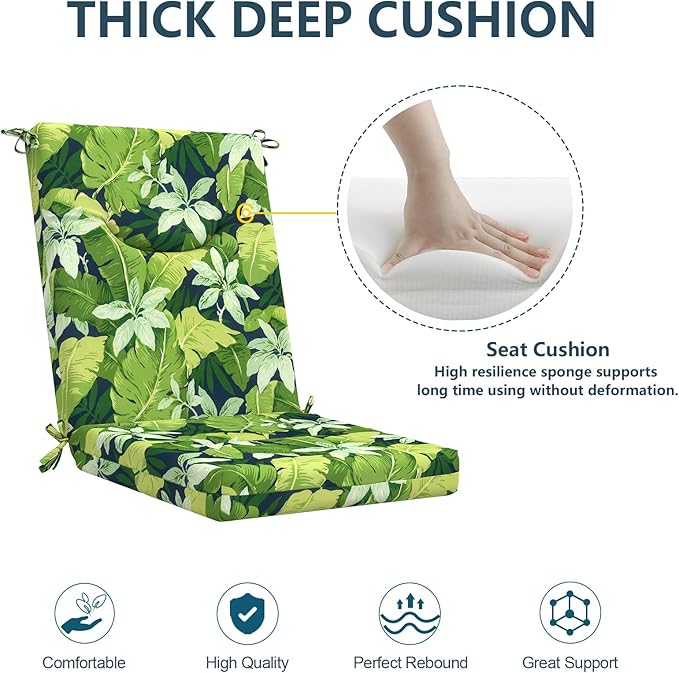 DYTXIII Outdoor High Back Chair Cushions Set of 2, 44x20 in Water Repellent Patio Seat Cushions with Elastic Sponge, All Weather Cushions for Rocking, Dining Chairs, Patio Furniture - Jungle Leaves